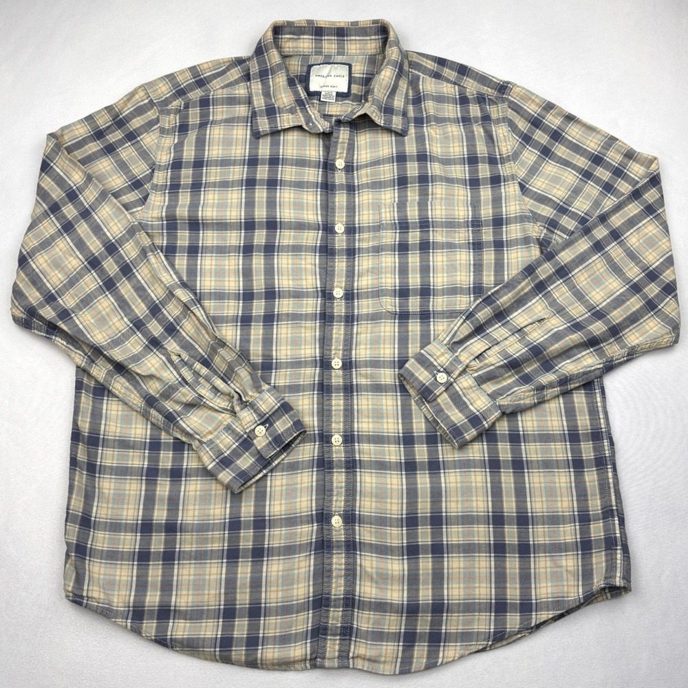 American Eagle Mens Large Navy Plaid Super Soft Lightweight Flannel Shirt Top L
